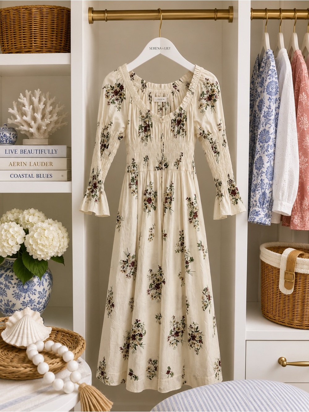 Doen Kaira Dress XS Flawless Cream Floral Smocked Midi Dress - Picture 2 of 14